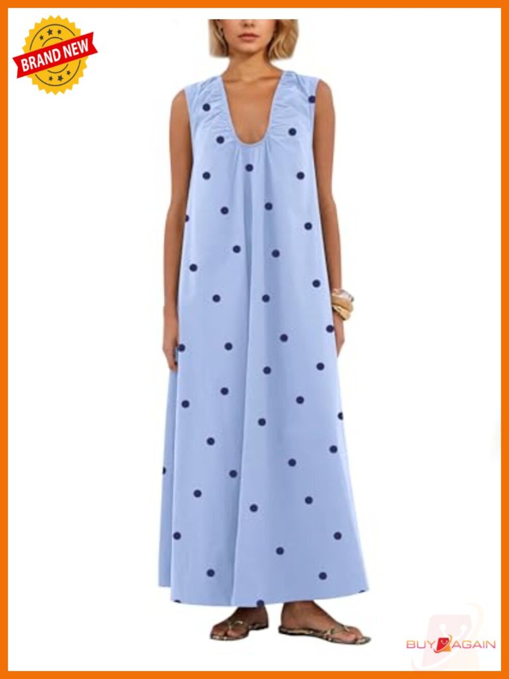Women Sleeveless Ruched Maxi Dress Scoop Neck Cotton Blend